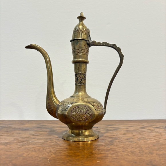 Vintage Other - Vintage Solid Brass Teapot Genie Lamp Pitcher Made in India Ornate Etched Floral